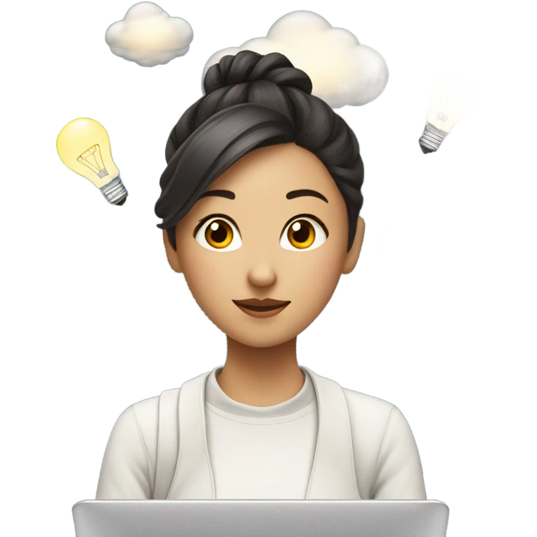 an asian girl with laptop with a bun hair, clouds and light bulbs in background emoji