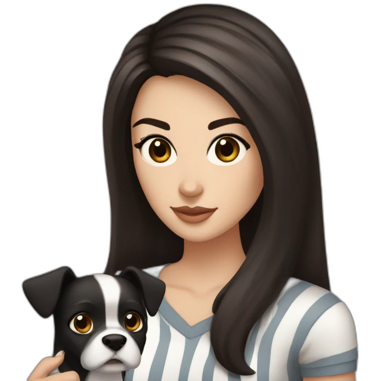 White women with long dark brown hair and long eyelashes dark brown eyes and thick dark brown eyebrows with the black dog with a white stripe on the neck and ears raised up emoji