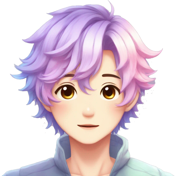 Gorgeous anime style shojo dude with blushing face aesthetic and pretty colorful shiny gradient pastel hair trending style emoji