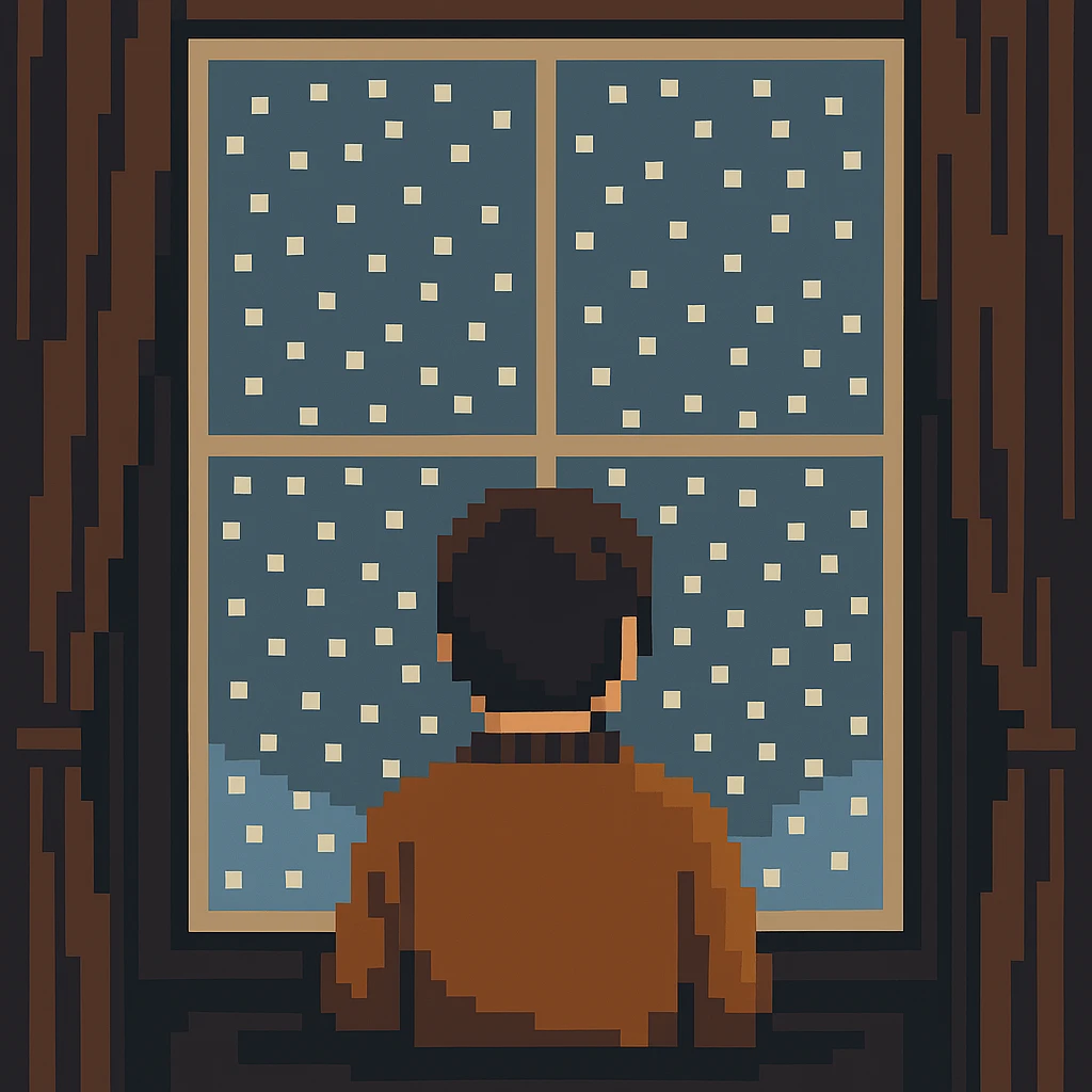 pixel art style scene of a person watching snow fall outside emoji