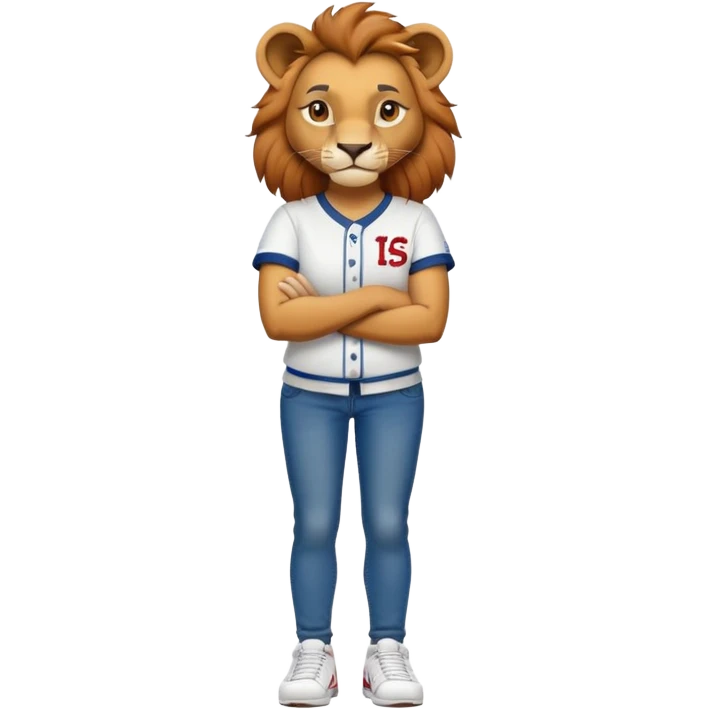 confident anthropomorphised female lion wearing a baseball shirt, jeans, trainers, standing with arms crossed, dominant pose emoji