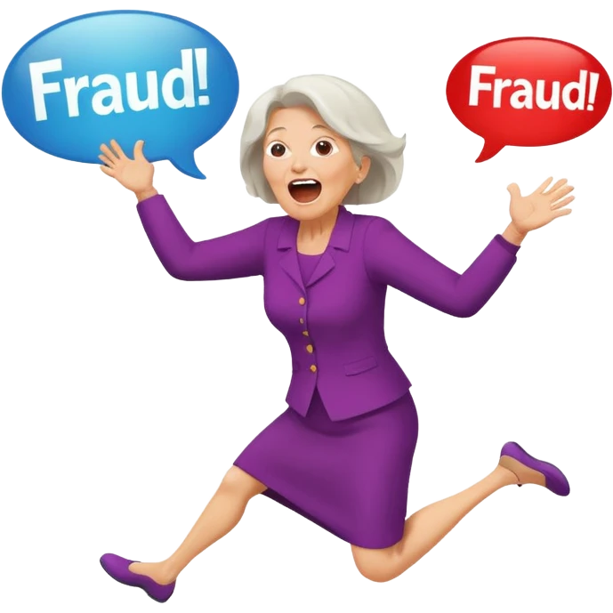 Older Woman jumping screaming and word “fraud” in a bubble emoji