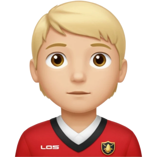 SARI SAÇLI SAÇININ YARISI SOLA DOĞRU DİĞERİNİN SAĞ TARAFTA AMA DÜZ DURAN KAHVERENGİ GÖZLÜ UZUN KİRPİKLİ BUĞDAY RENKLİ KIRMIZI ÜNİFORMALI BİR ERKEK ÇOCUK emoji