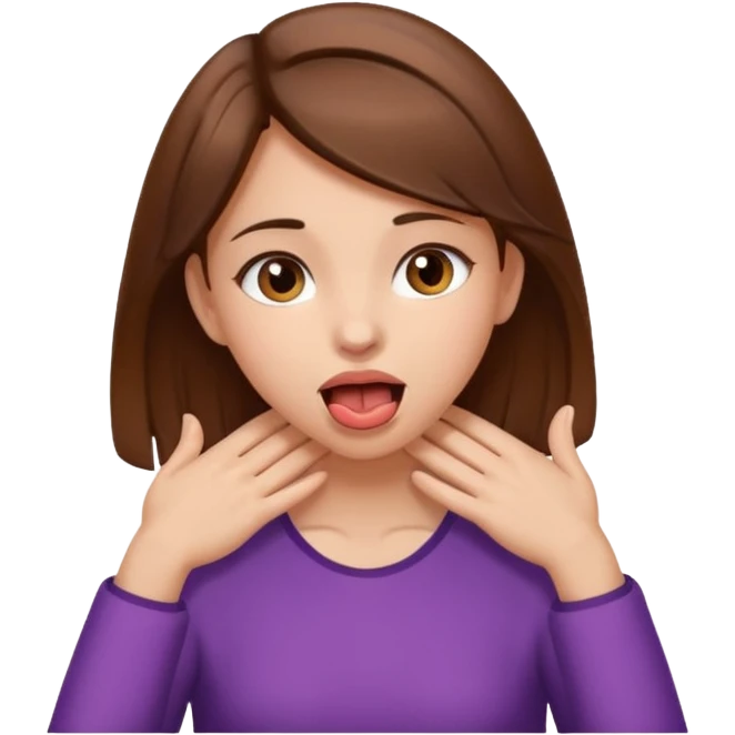 Brown hair girl with brown eyes grabbing her neck with her hands sticking out her tounge emoji
