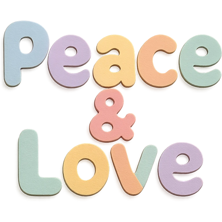 Kawaii cute font "Peace & Love" in soft pastel rainbow rounded bold letters, no border, transparent PNG emoji