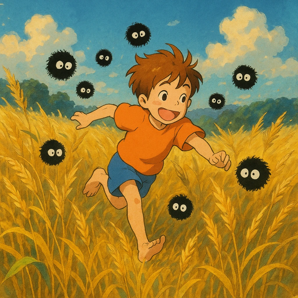 A child running through a golden wheat field, chased by playful dust spirits. emoji