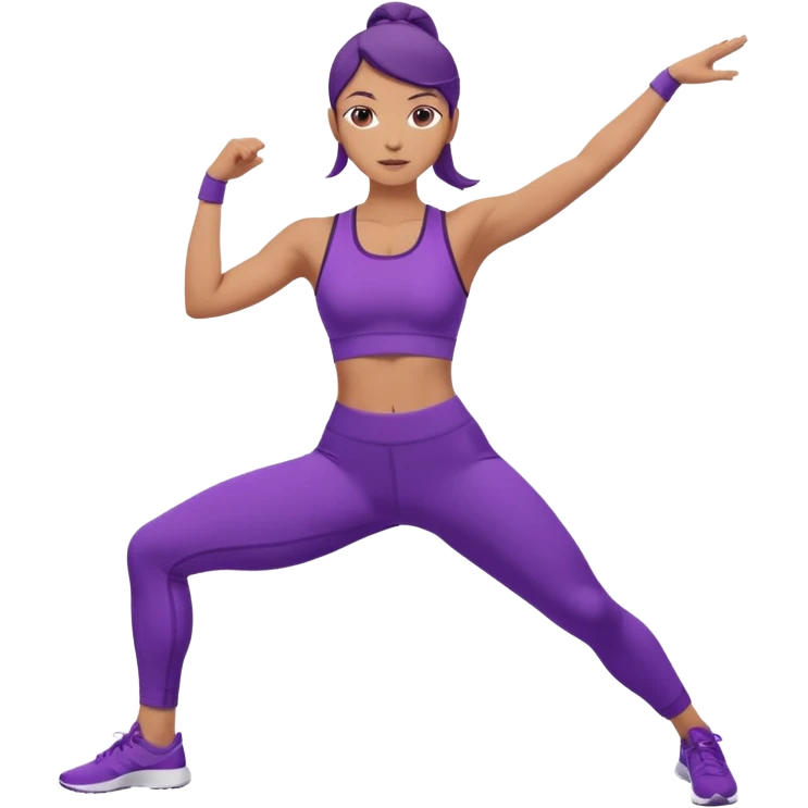 A woman dressed in purple performing warrior one pose, sunrise lighting, peaceful and strong vibe. emoji