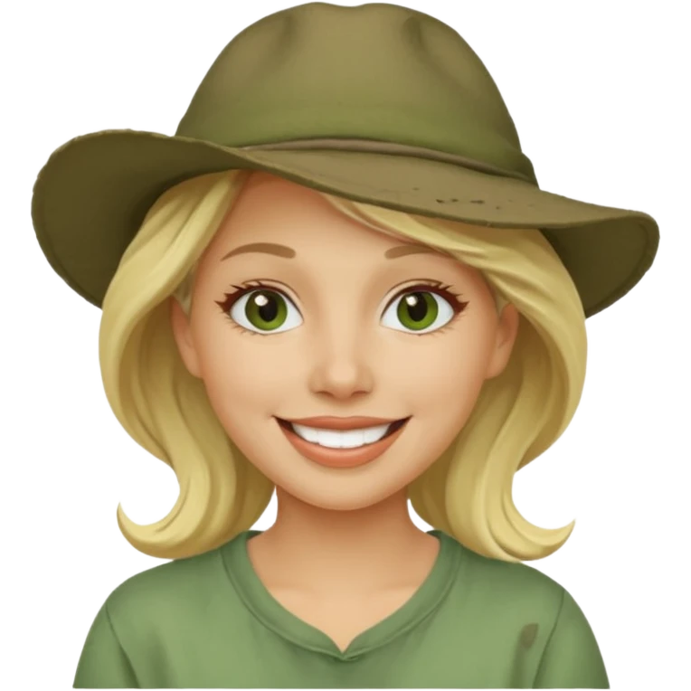 messy green full face clay mask and tourist hat blond woman  smiling and clay mask on full face emoji