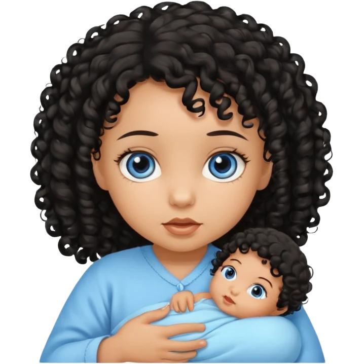 a girl tan newborn baby with black curly hair and blue eyes emoji