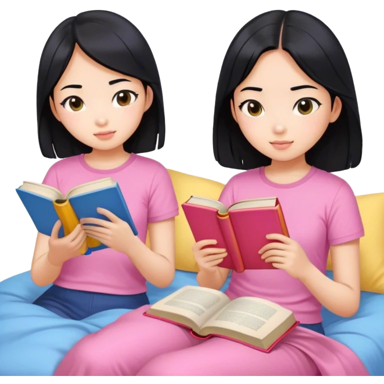 two asian girls black hair on the bed pink and yellow top reading blue books emoji