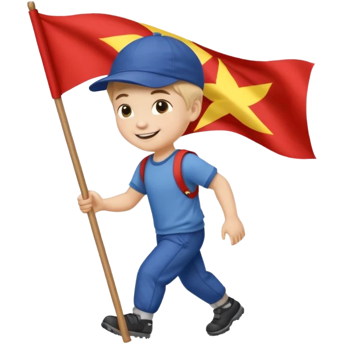 A small boy in a cap, smiling brightly while dragging a flag slightly bigger than him. emoji