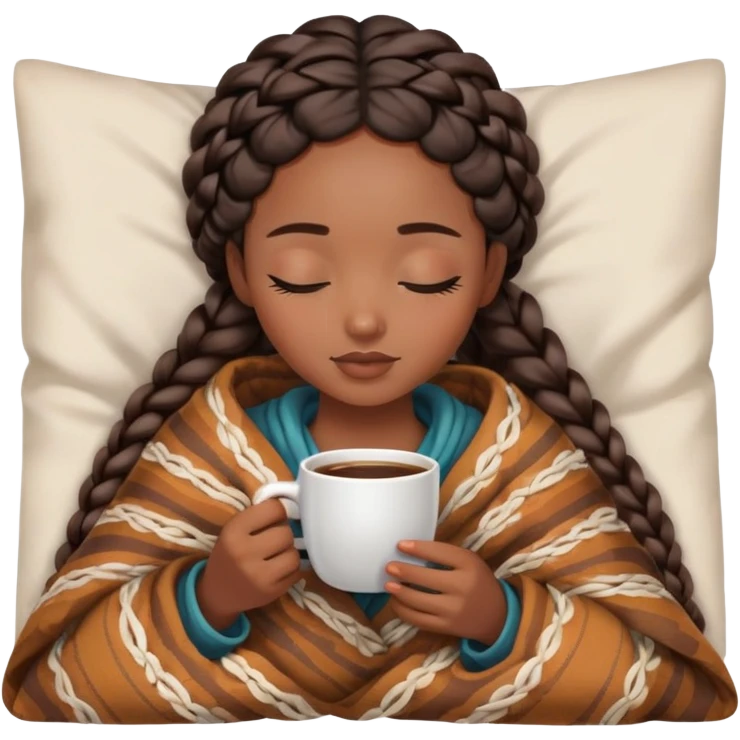 black girl with bohemian braids inside a blanket sipping coffee eyes closed emoji