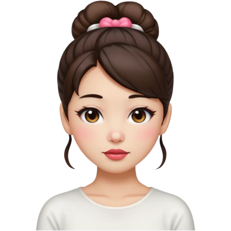 “japanese style Emoji brunette girl hair in bun white top, dewy skin, heavy blush across cheeks and nose bridge, glossy cherry lips, soft eyeliner, teary sparkling eyes emoji