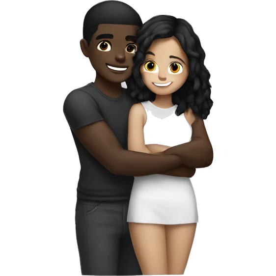 Dark brown skin with black haired girl hugging light skin with black hair guy emoji