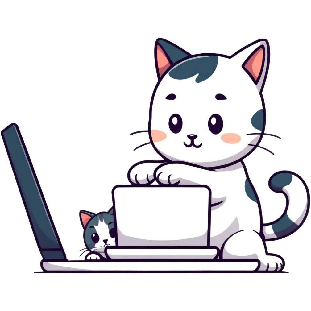 a girl working at a computer with a cat curled up next to the computer emoji
