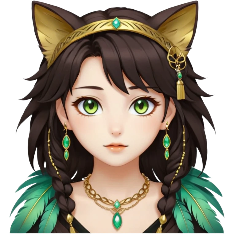 Beautiful gorgeous anime lady with beautiful dark-brown-special-hair, fashion aesthetic, ethereal, feather, accessories, gold jewelries, gold, colorful, feline ears, hazel-green eyes emoji