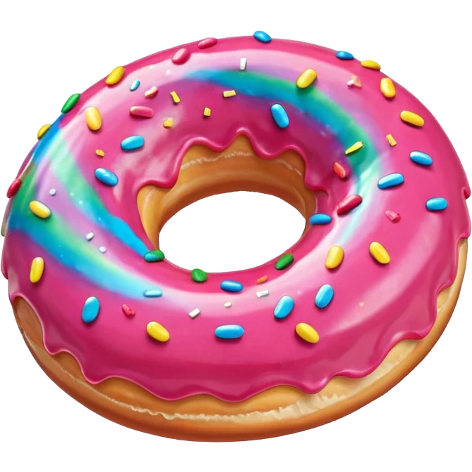 colorful glazed donut with pink icing and rainbow sprinkles, slightly angled side perspective emoji