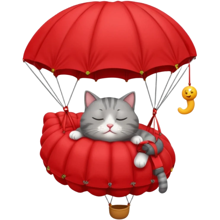sleepy gray cat riding red parachute emoji