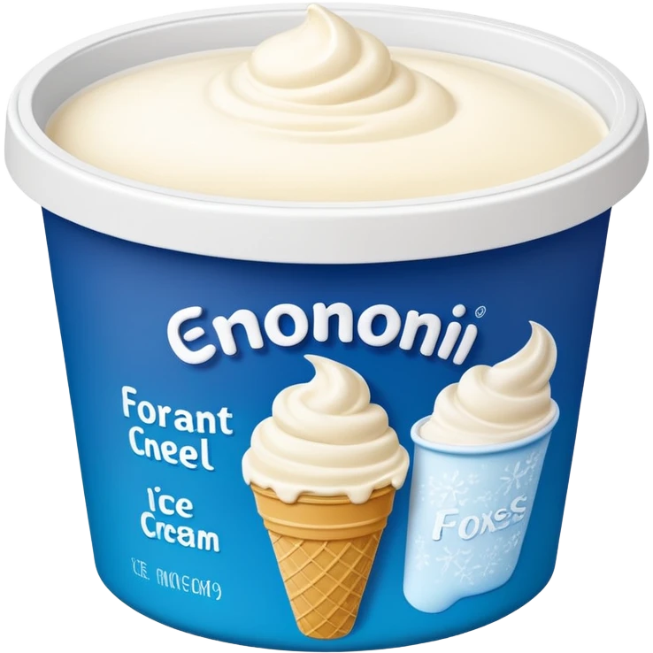 A creamy ice cream tub with a minimalist printed label showing flavor name and brand logo, sitting inside a store freezer. The lid and sides of the container have small frost crystals and condensation. Realistic photography style with soft lighting and a cool-toned background. emoji