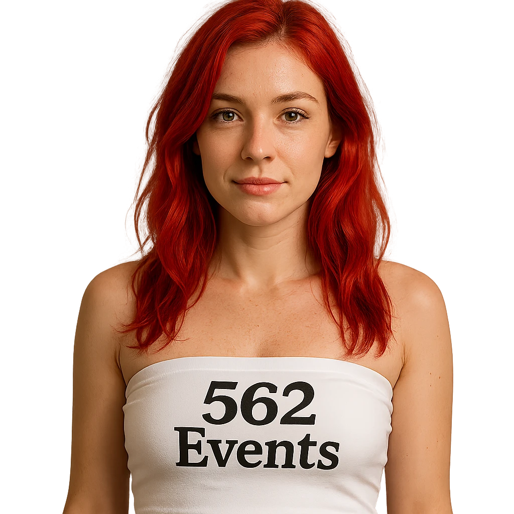 realistic woman with vibrant red hair, white tube top that says '562 Events' emoji