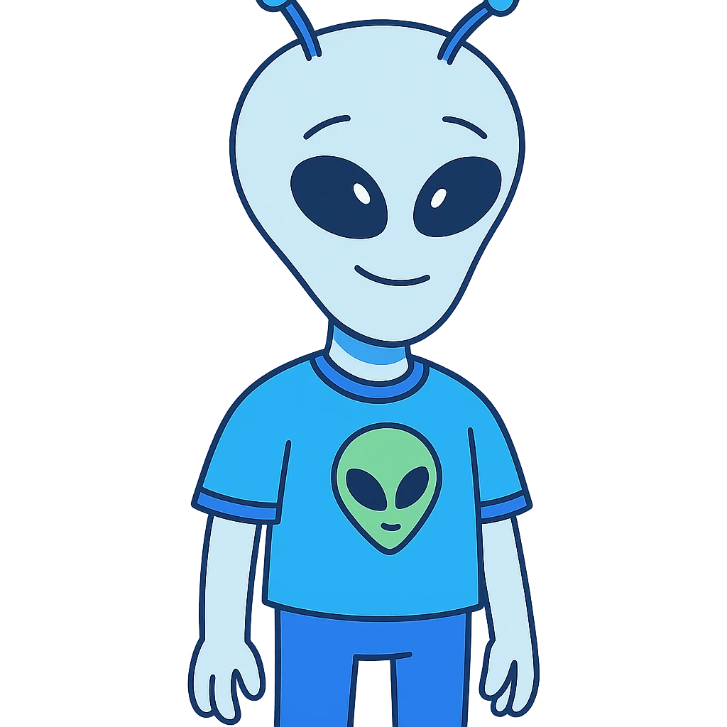 alien icon in flat-toon style, using primary colors #EDF6FE, #69CEFF, #4858FF and secondary colors #5AEEFE, #465AFE, #D0F2E3, #ADE0FE emoji