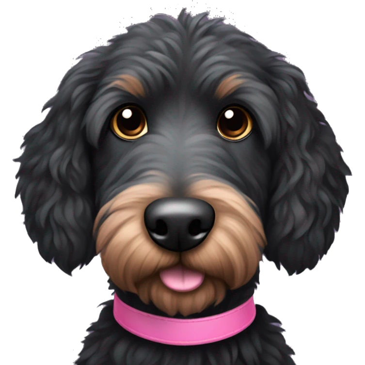 Scruffy black Australian doodle dog with pink collar and brown eyes and long black eyelashes  emoji
