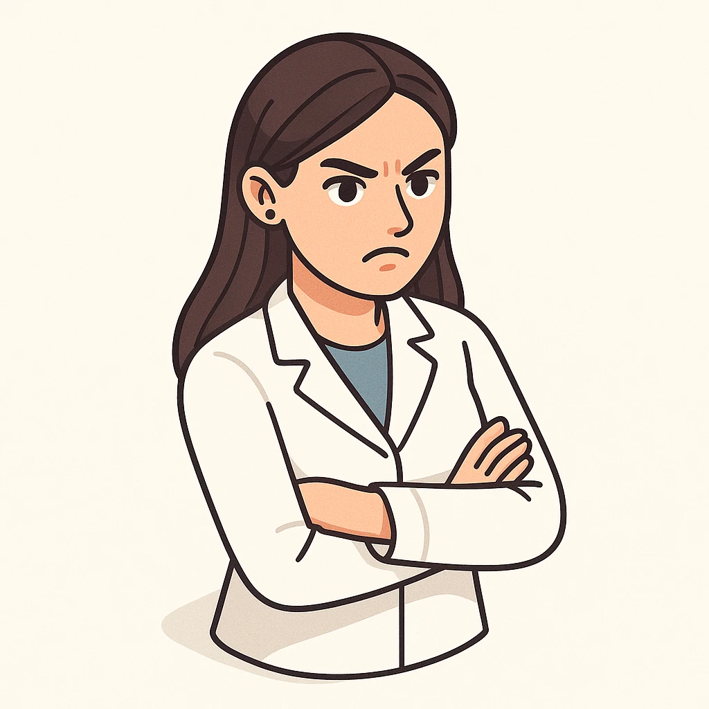 A 2D isometric style illustration of a female doctor with dark long straight hair, detailed brown eyes (not just dots), wearing a white coat, minimalist background, angry expression, appearance as in the second previous variant. emoji