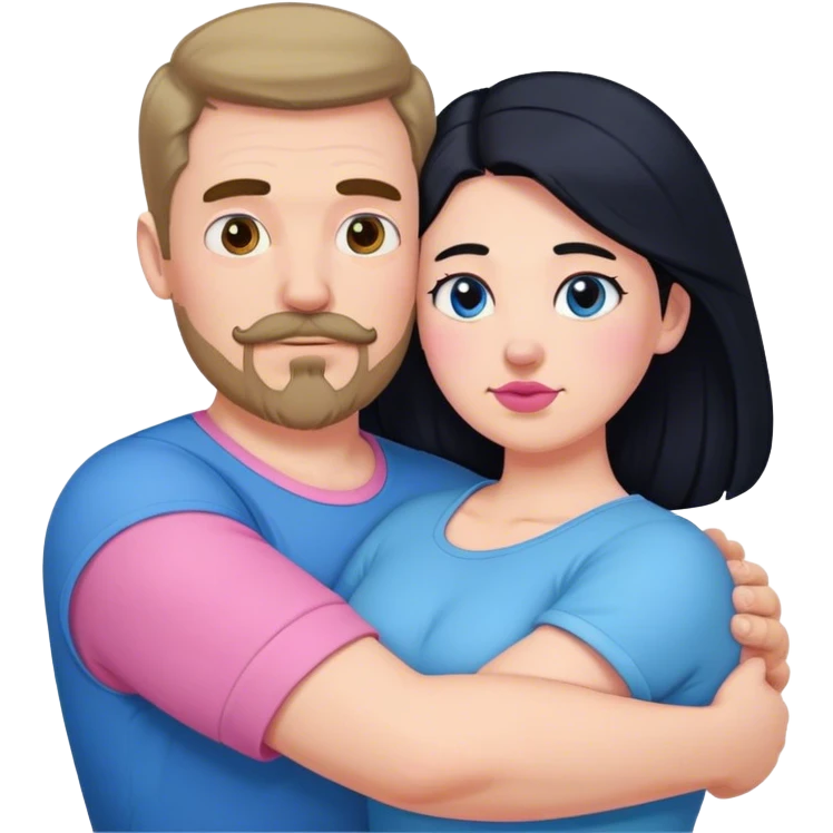 Tall strong white man with brown mustache goatee wearing blue hugging a chubby short pale woman with long black hair wearing pink emoji