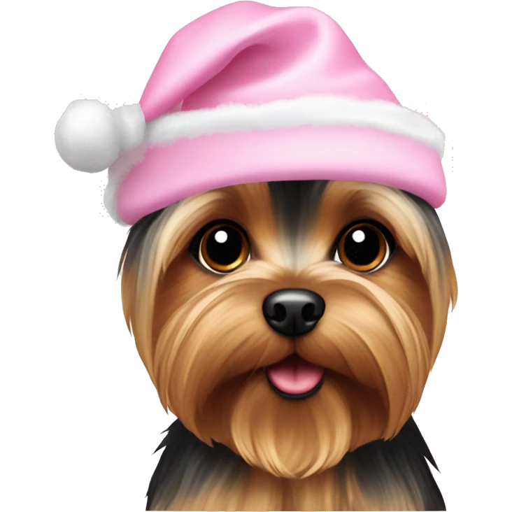 A yorkie wearing a baby pink christmas hat emoji