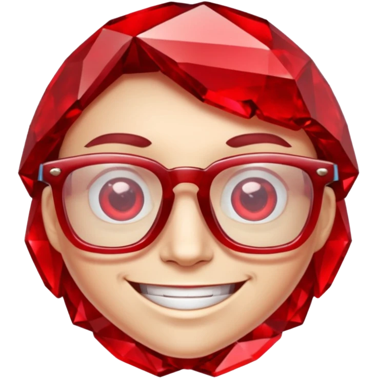 A single red crystal gemstone character wearing glasses, chunky and irregular with faceted very sharp sides, smile, , high detail, emoji
