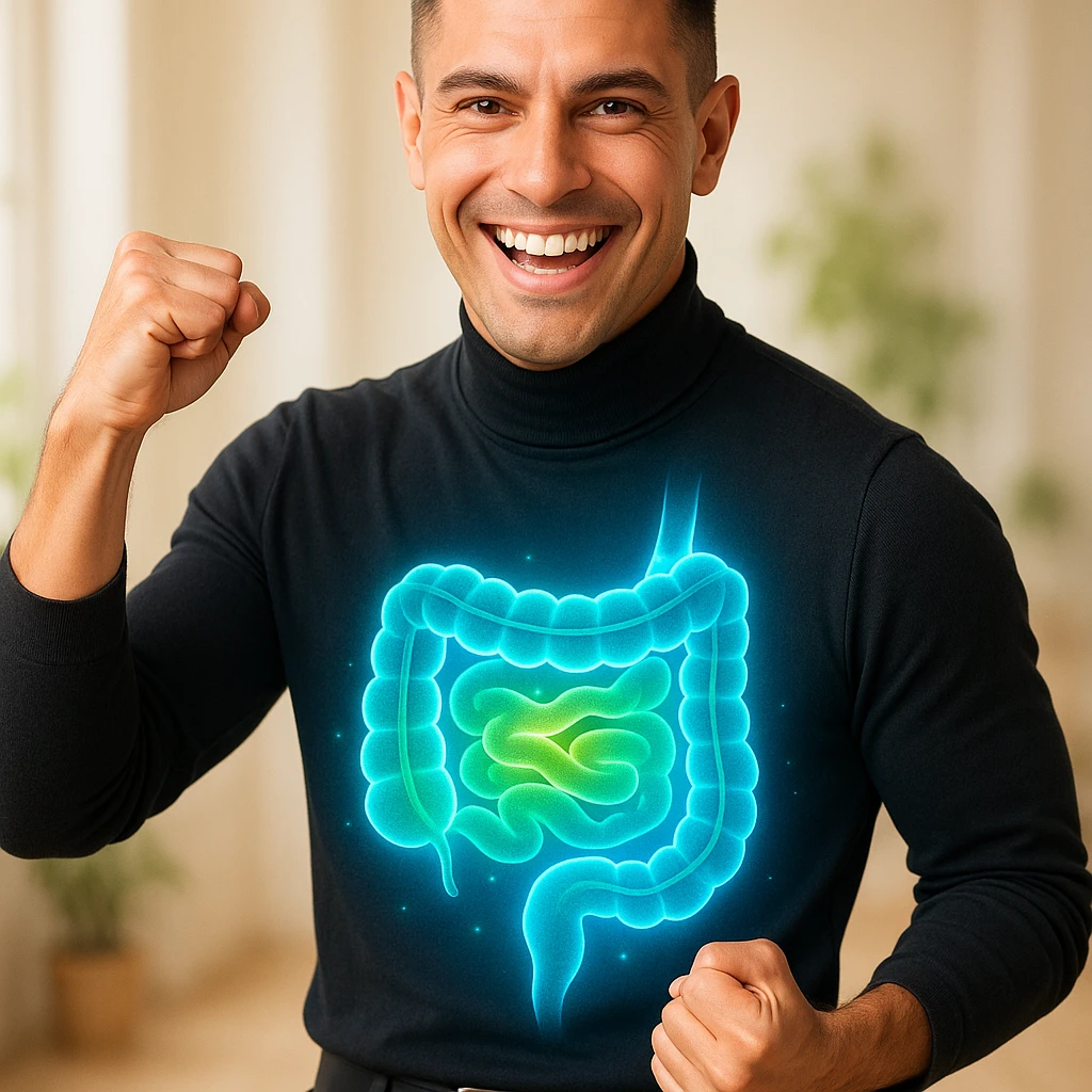 Create a semi-realistic, wellness-themed image of a healthy 30-year-old man inspired by the reference image. Show a glowing stylized visualization of a healthy intestine with a clean and vibrant gut. The man is in a dynamic pose. The background is a minimalistic clinic or natural setting with soft lighting, conveying an energetic and positive mood. emoji