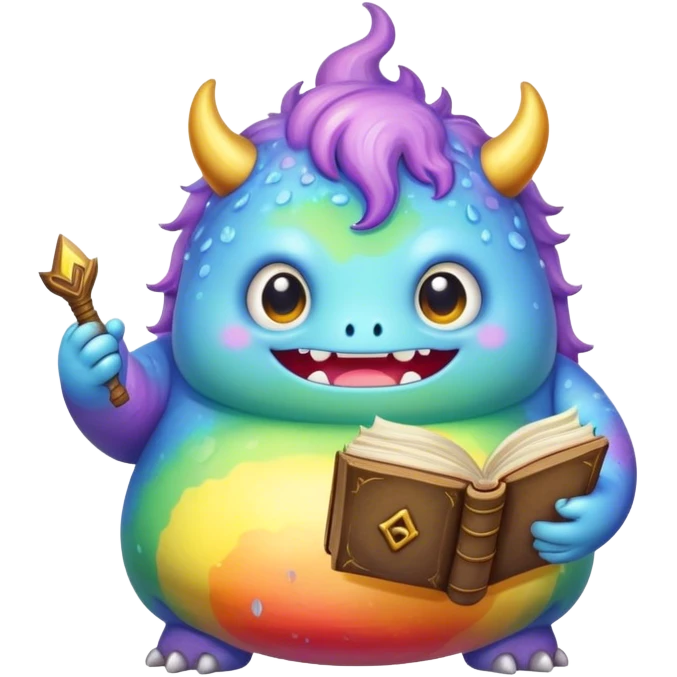 Kawaii derpy fat rainbow monster with magic spell book, rich textures, visually rich, so lifelike that it feels like it could leap off the page at any moment emoji