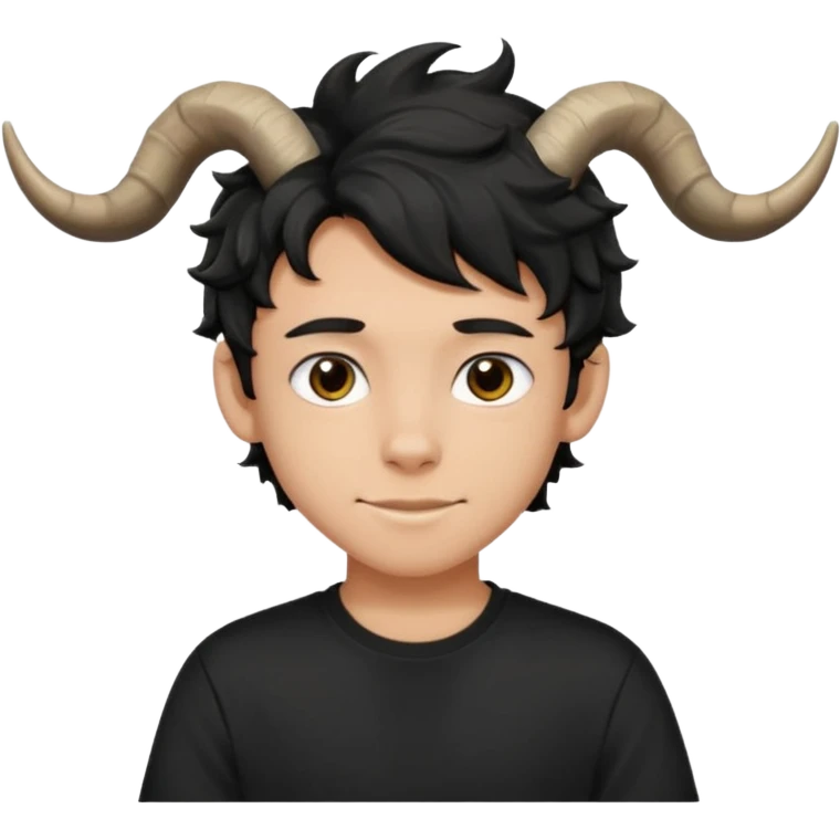 Menino de 15 anos de cabelo ondulado preto e de camiseta preta com chifres de bode emoji