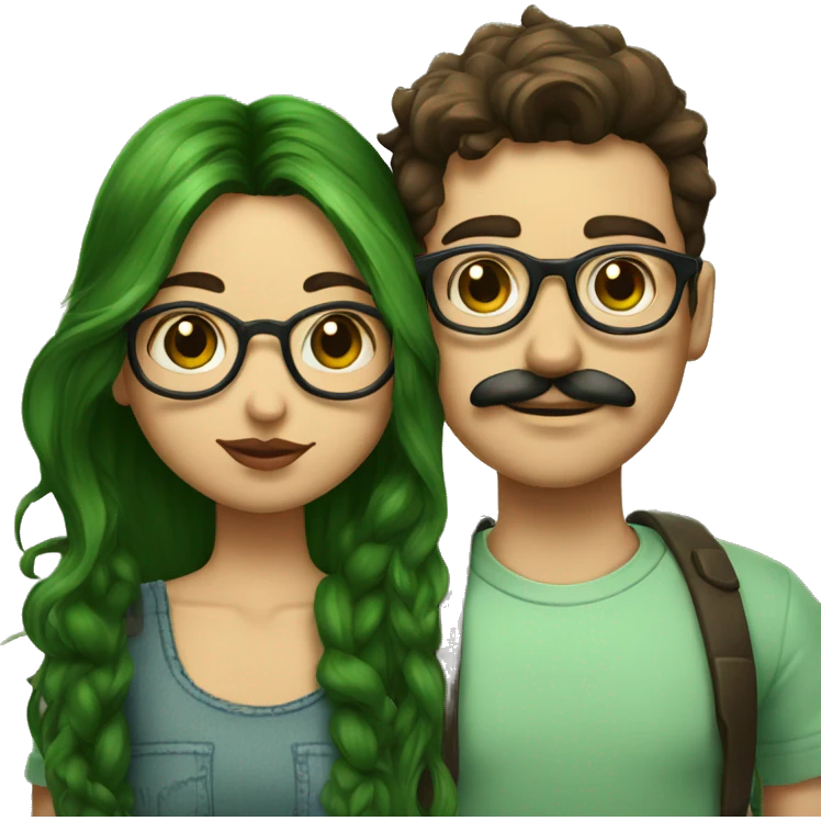 A heavy set boy with brown hair and a mustache is kissing a green haired girl who is thin and wearing glasses both have tattoos emoji