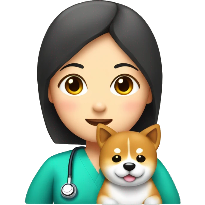 Shiba - inu cuddles pediatrician womanl with short black  hair  emoji