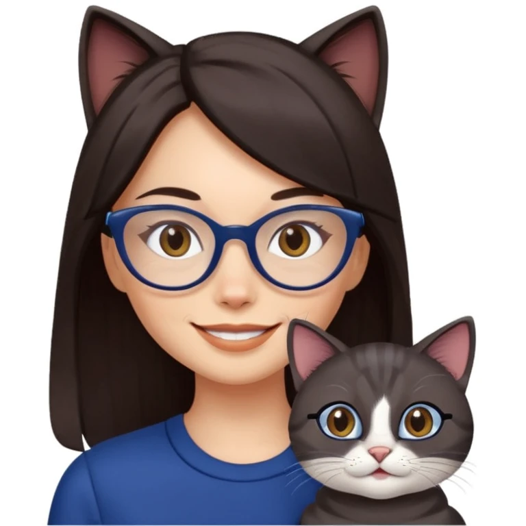 Female. Straight long hair and dark brown eyes and hair with cat eye glasses and dark blue out fit emoji