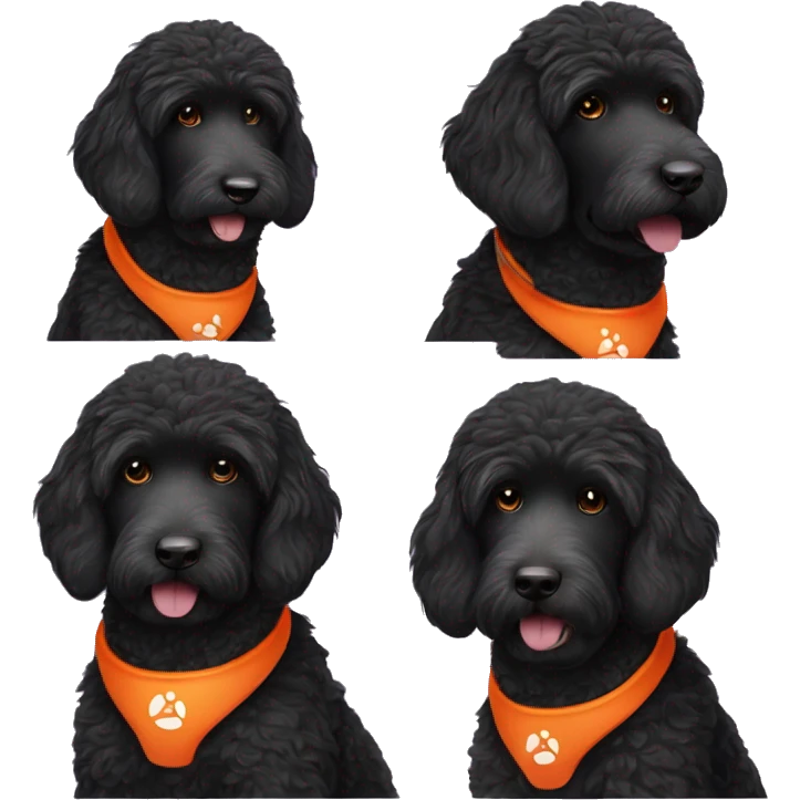 black labradoodle wearng bright orange over the ear airpod max's emoji
