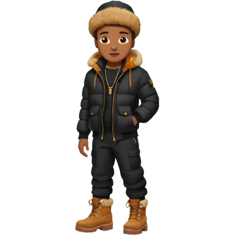 Handsome Black guy with brown skin tone, wear black joggers, a black bubble coat with a fur brim on the hood, and buckwheat timberland boots emoji