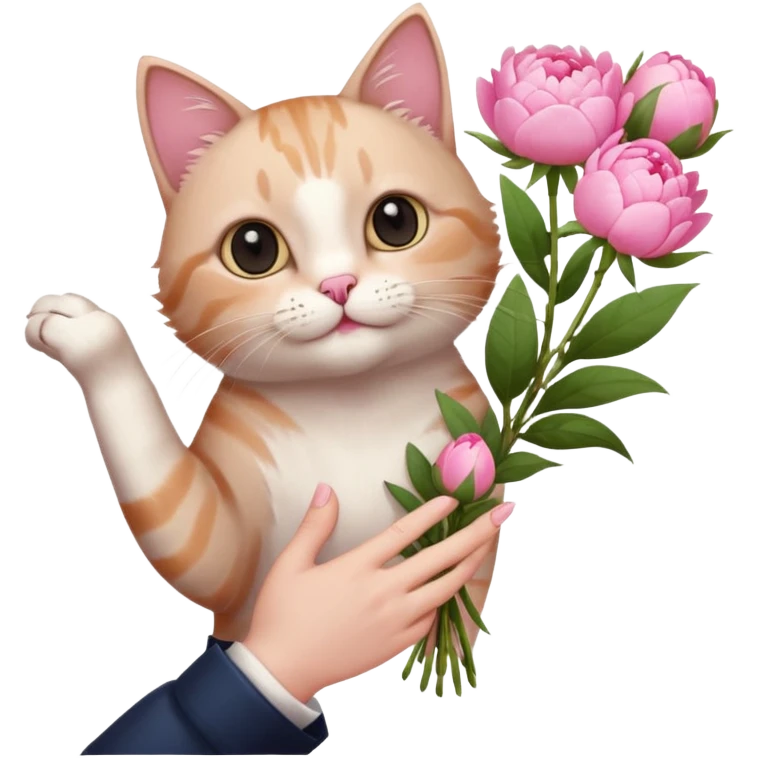 Cute cat Handing pink peonies like reaching a hand and handing them out a bouquet of them with a couquette emoji