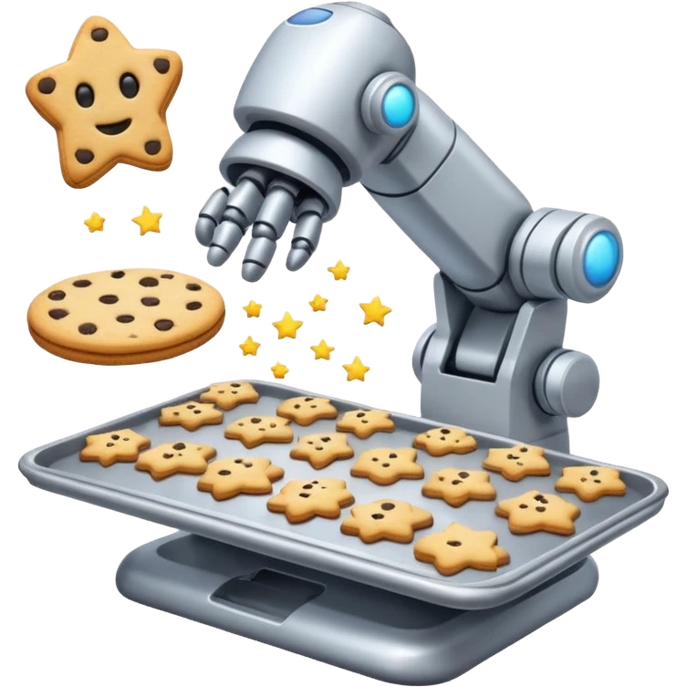 Half spaceship cookie factory floating in space, robotic arms baking in zero gravity, stars in background, futuristic emoji-style emoji