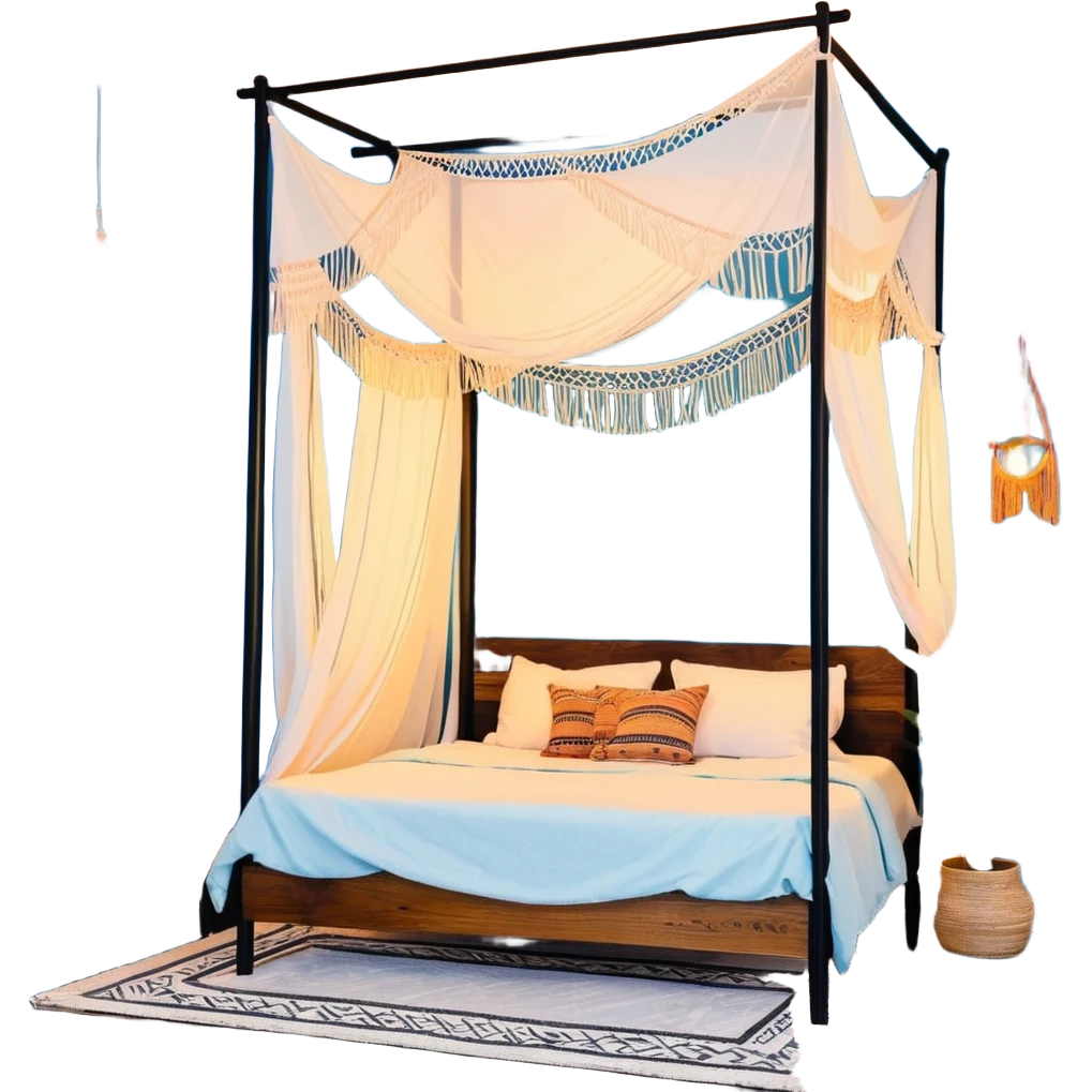 cozy boho bedroom with canopy bed, macramé wall hangings, and warm lighting emoji