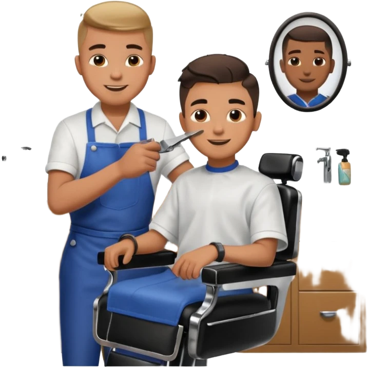 Barber cutting teenage boys hair. Show the boy sat in black barber chair and both having smiles on their faces emoji