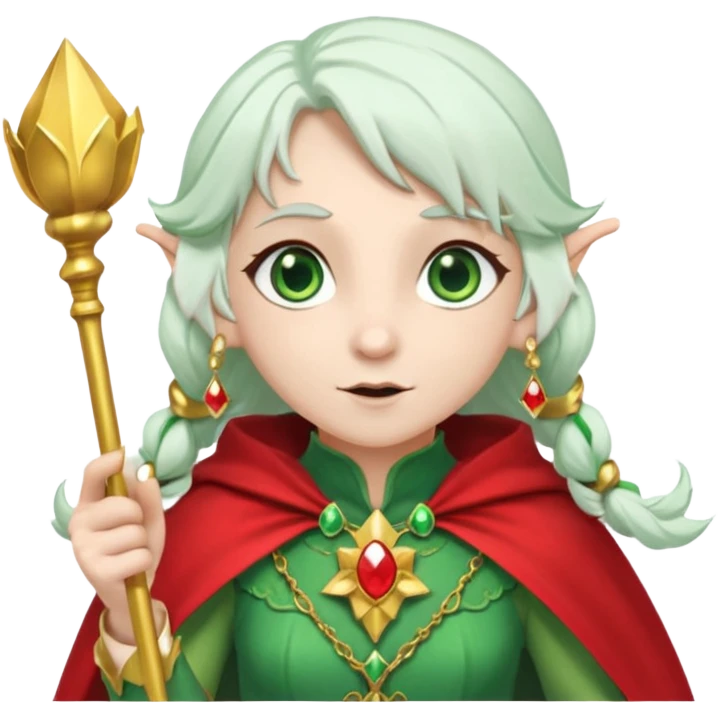 an elf with very white hair and two  pigtails on the side of her head, she has a curtain bang, green eyes, she has a white cape with golden borders and a scepter with a red orb, she has earrings that look like red drops emoji