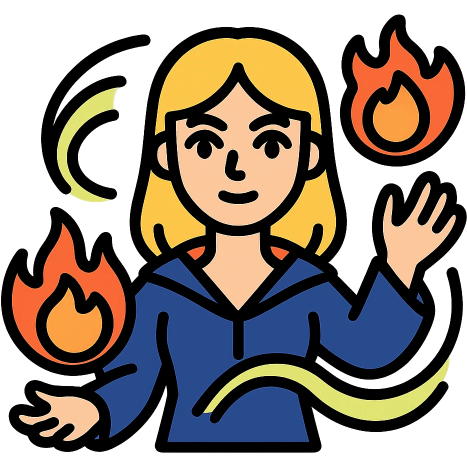 blonde woman with green eyes casting fireballs with magical energy swirling around her, color outline icon style emoji