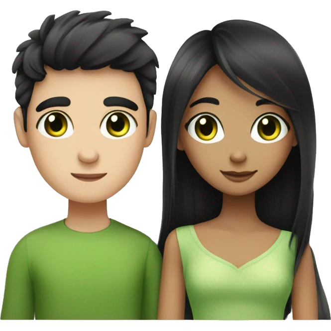 Create an emoji of a black-haired girl with super long eyelashes and a cute boy with green eyes, loving each other emoji