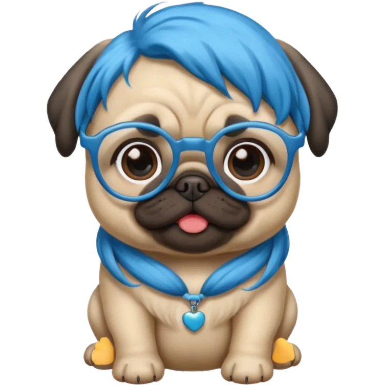 long blue haired baby pug wearing glassess emoji