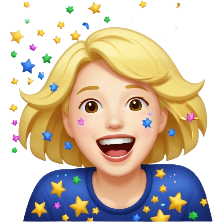 Character falling backward laughing, spilling stars/confetti from mouth emoji