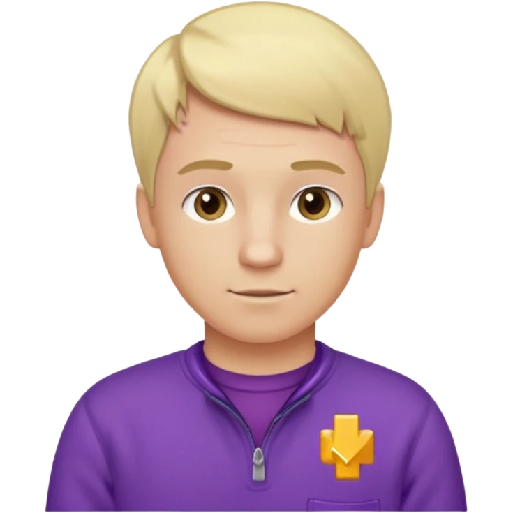 Crea un emoji de un electricista, hombre rubio con pelo corto hacia al lado, sin gafas, con forro polar morada y nombre empresa INDYDES emoji