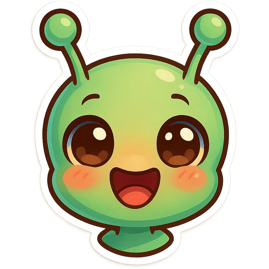 cute cartoon alien head showing happiness, chibi stickers style, vibrant colors, expressive eyes, joyful expression emoji
