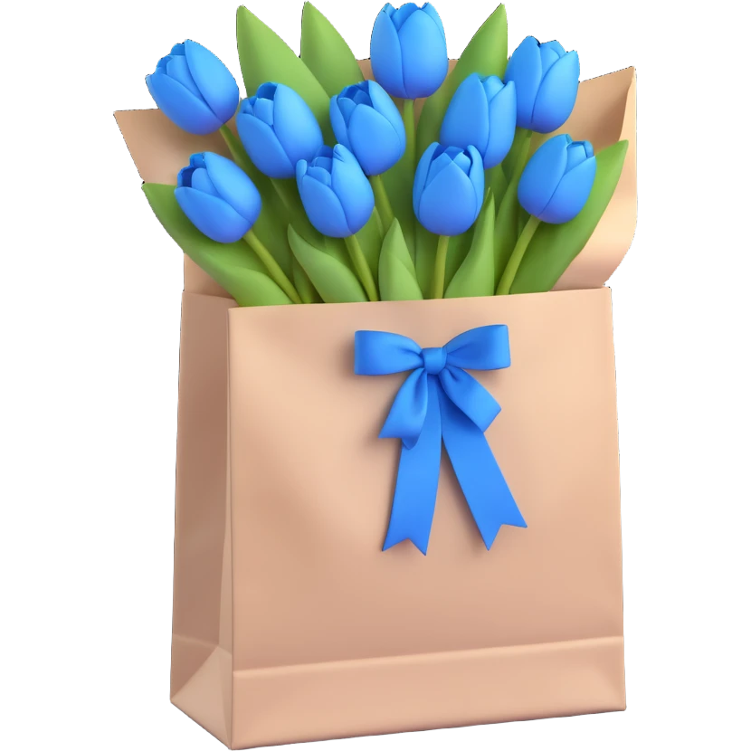 a white paper bag filled with pastel blue tulips, tied with a blue ribbon, soft blue pastel colors, smooth shadows, simple and minimalistic, 3D iOS emoji style emoji